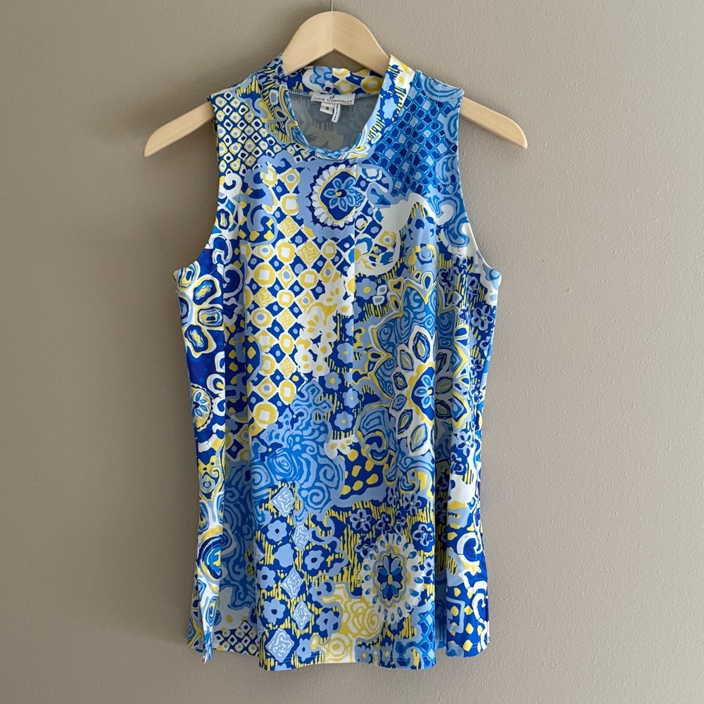 Jude Connally Sleeveless Blue and‎ Yellow Geometric Floral Blouse Size Small